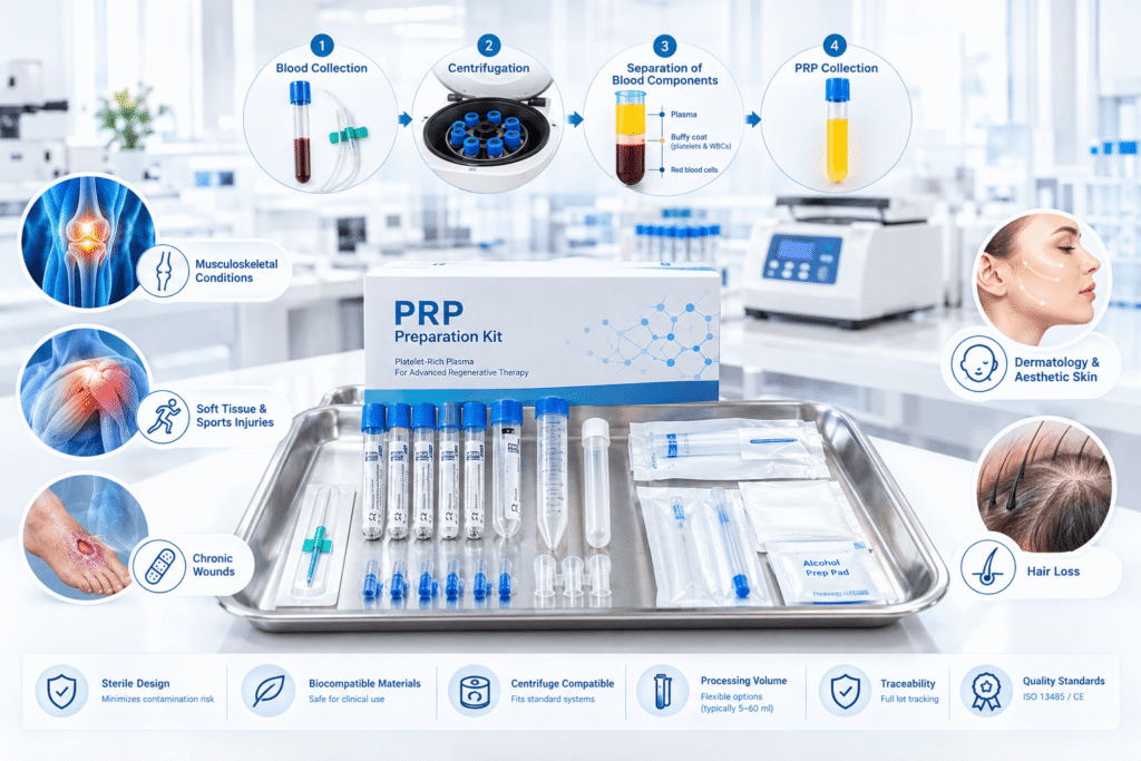 Kit PRP gồm các dụng cụ lấy và xử lý mẫu, được sử dụng để chuẩn bị huyết tương giàu