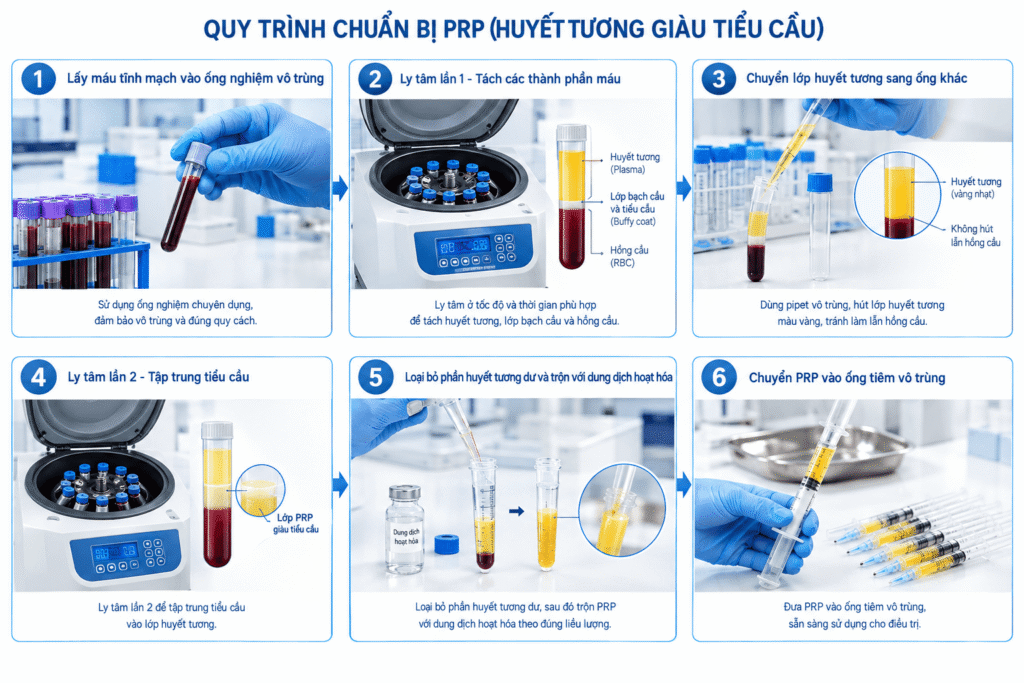 Quy trình PRP gồm lấy máu, ly tâm lần 1, thu huyết tương, ly tâm lần 2, hoạt hóa và hoàn tất mẫu PRP.